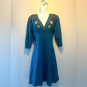 Johnny Was Blue Embroidered Dress Large